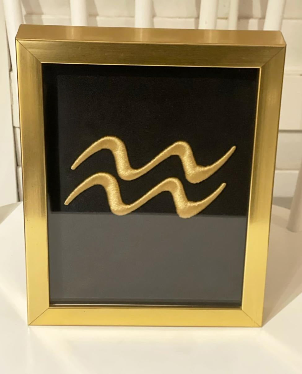 12 Golden Zodiac Signs 3D Embroidery Artwork in Gold Thick Frame