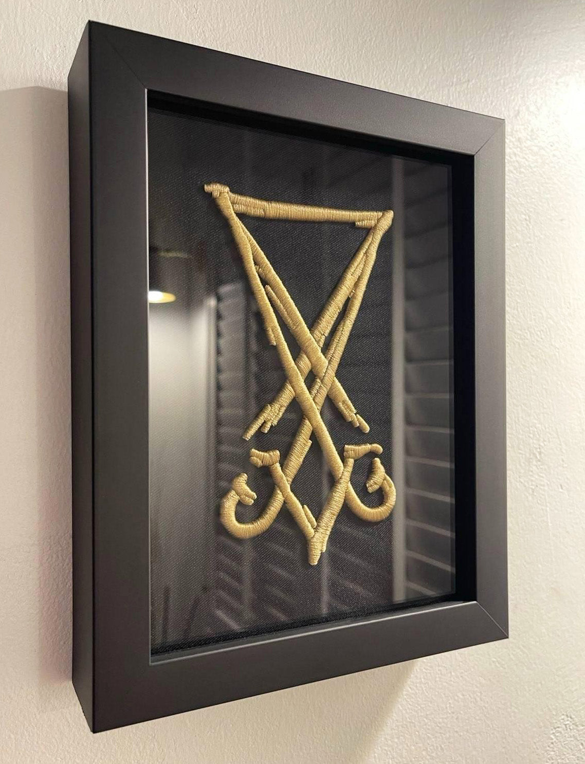Golden Lucifer Sigil 3D Embroidery Artwork in Matte Black Thick Frame