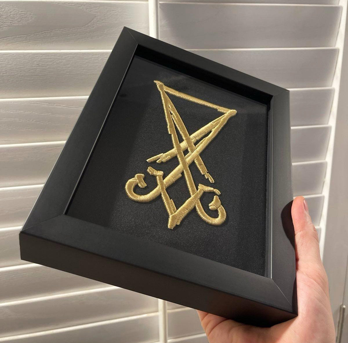 Golden Lucifer Sigil 3D Embroidery Artwork in Matte Black Thick Frame