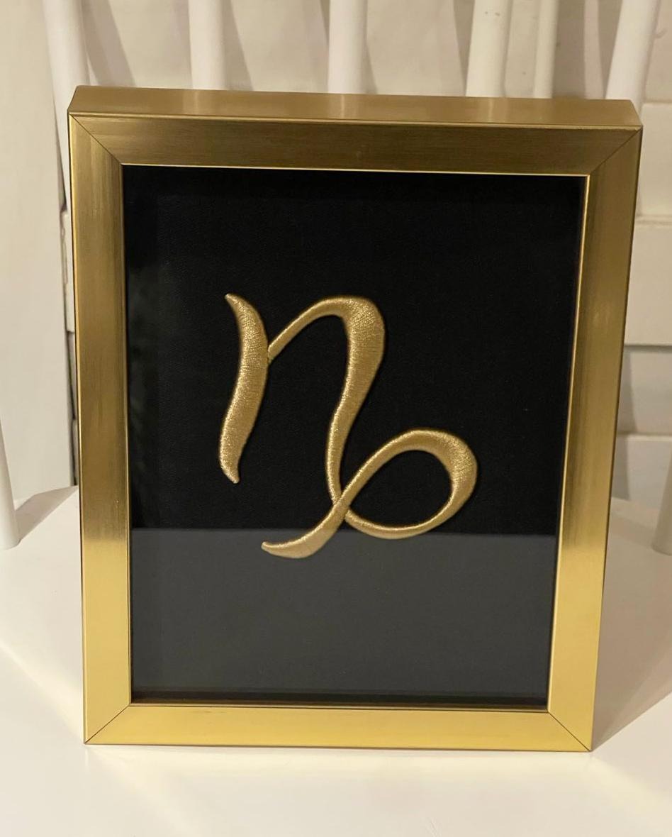 12 Golden Zodiac Signs 3D Embroidery Artwork in Gold Thick Frame