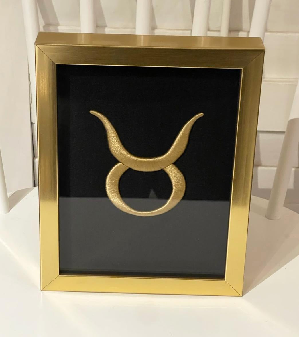 12 Golden Zodiac Signs 3D Embroidery Artwork in Gold Thick Frame