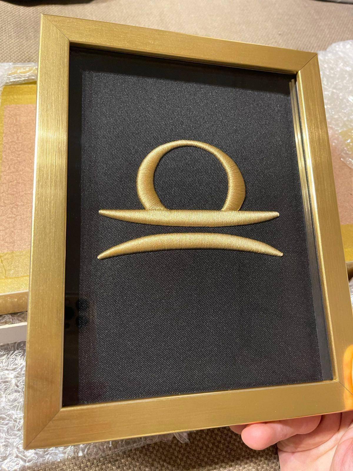 12 Golden Zodiac Signs 3D Embroidery Artwork in Gold Thick Frame