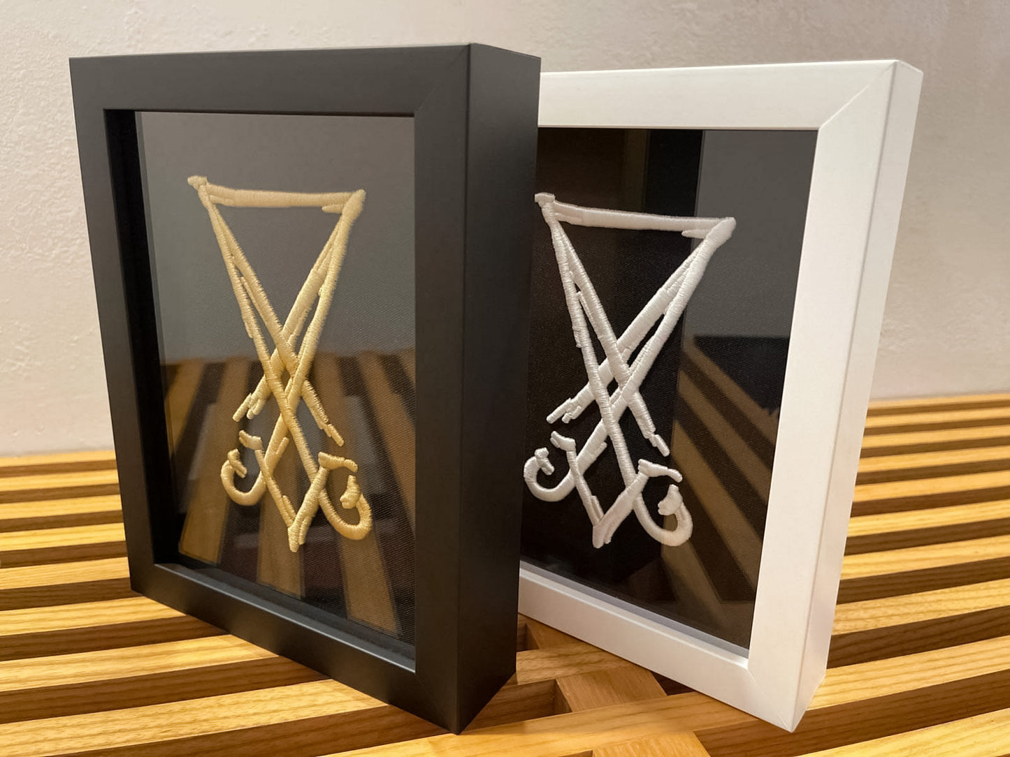 Golden Lucifer Sigil 3D Embroidery Artwork in Matte Black Thick Frame