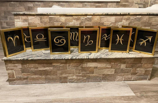 12 Golden Zodiac Signs 3D Embroidery Artwork in Gold Thick Frame