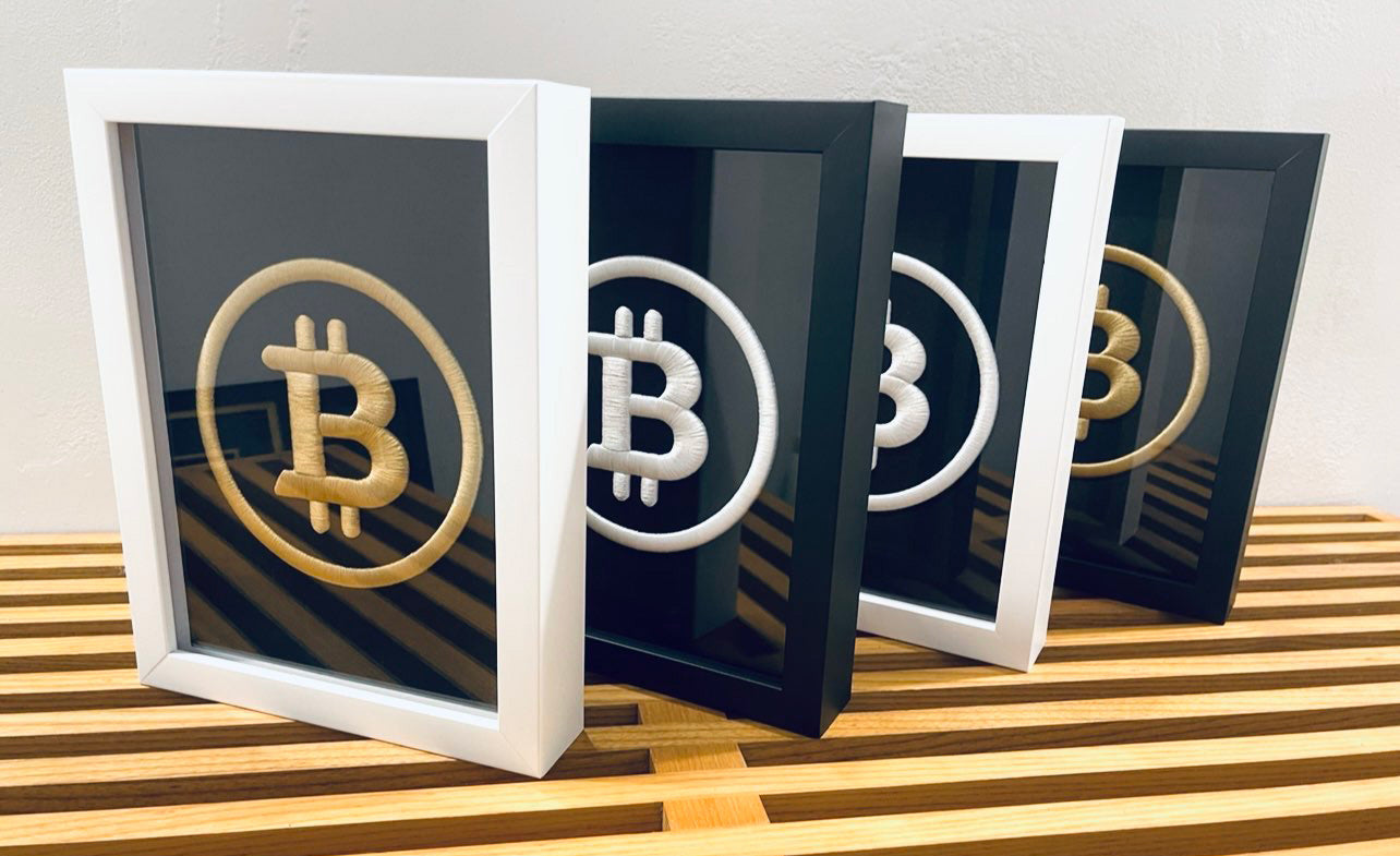 Golden BTC Logo 3D Embroidered Artwork in Matte Black Thick Frame