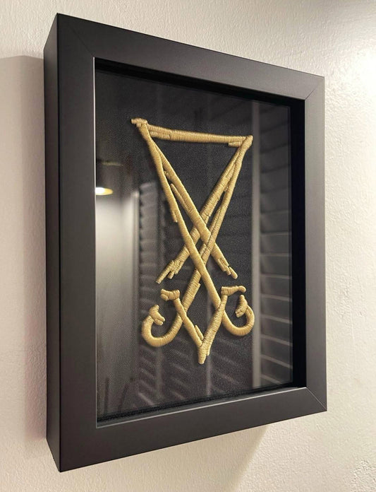 Golden Lucifer Sigil 3D Embroidery Artwork in Matte Black Thick Frame