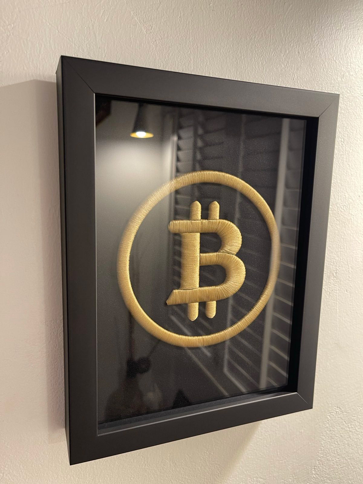 Golden BTC Logo 3D Embroidered Artwork in Matte Black Thick Frame