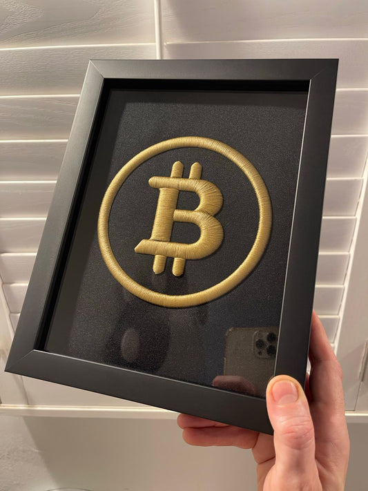 Golden BTC Logo 3D Embroidered Artwork in Matte Black Thick Frame