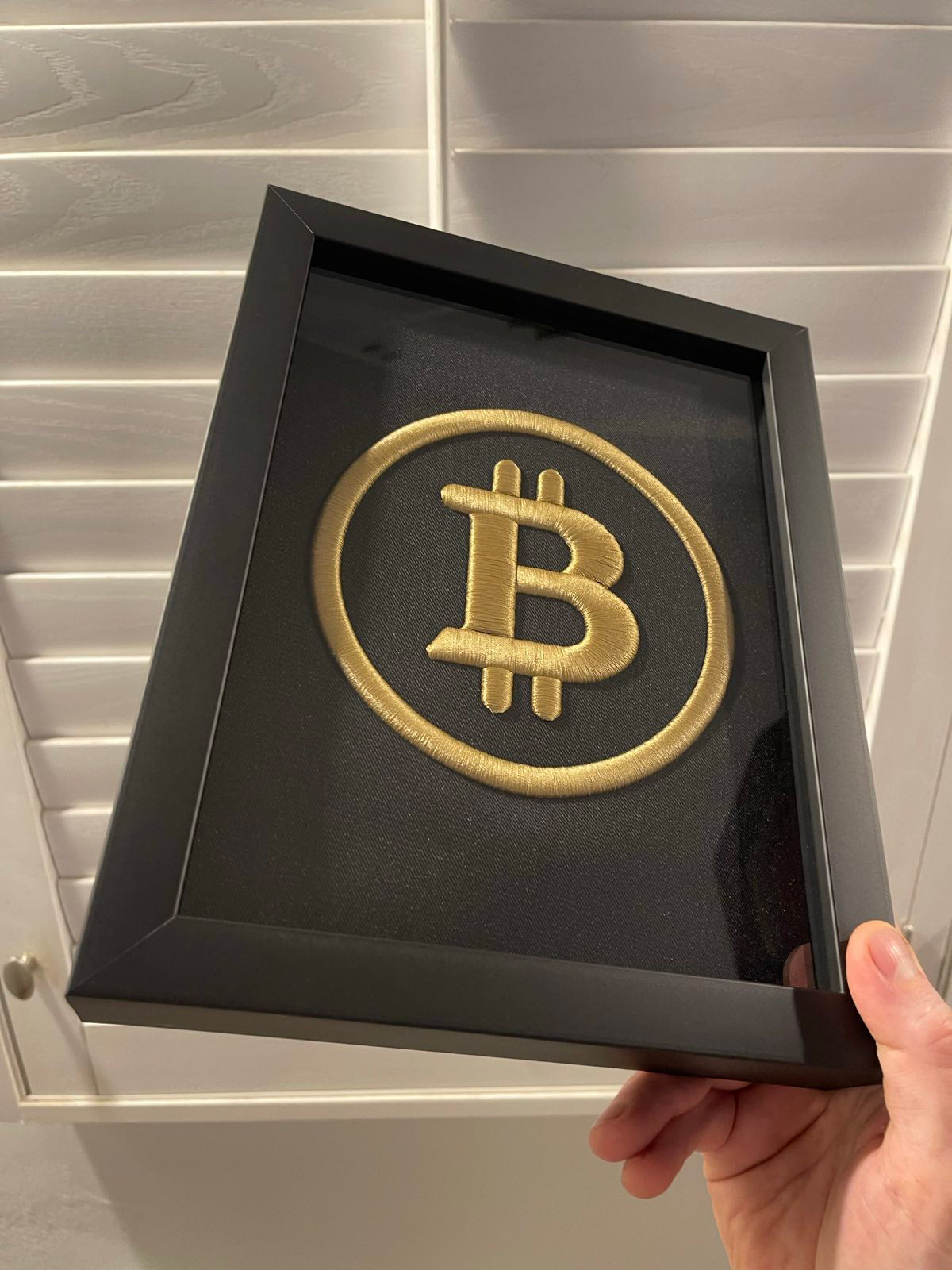 Golden BTC Logo 3D Embroidered Artwork in Matte Black Thick Frame