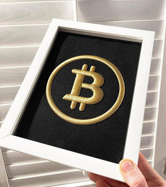 Golden BTC Logo 3D Embroidered Artwork in Matte White Thick Frame