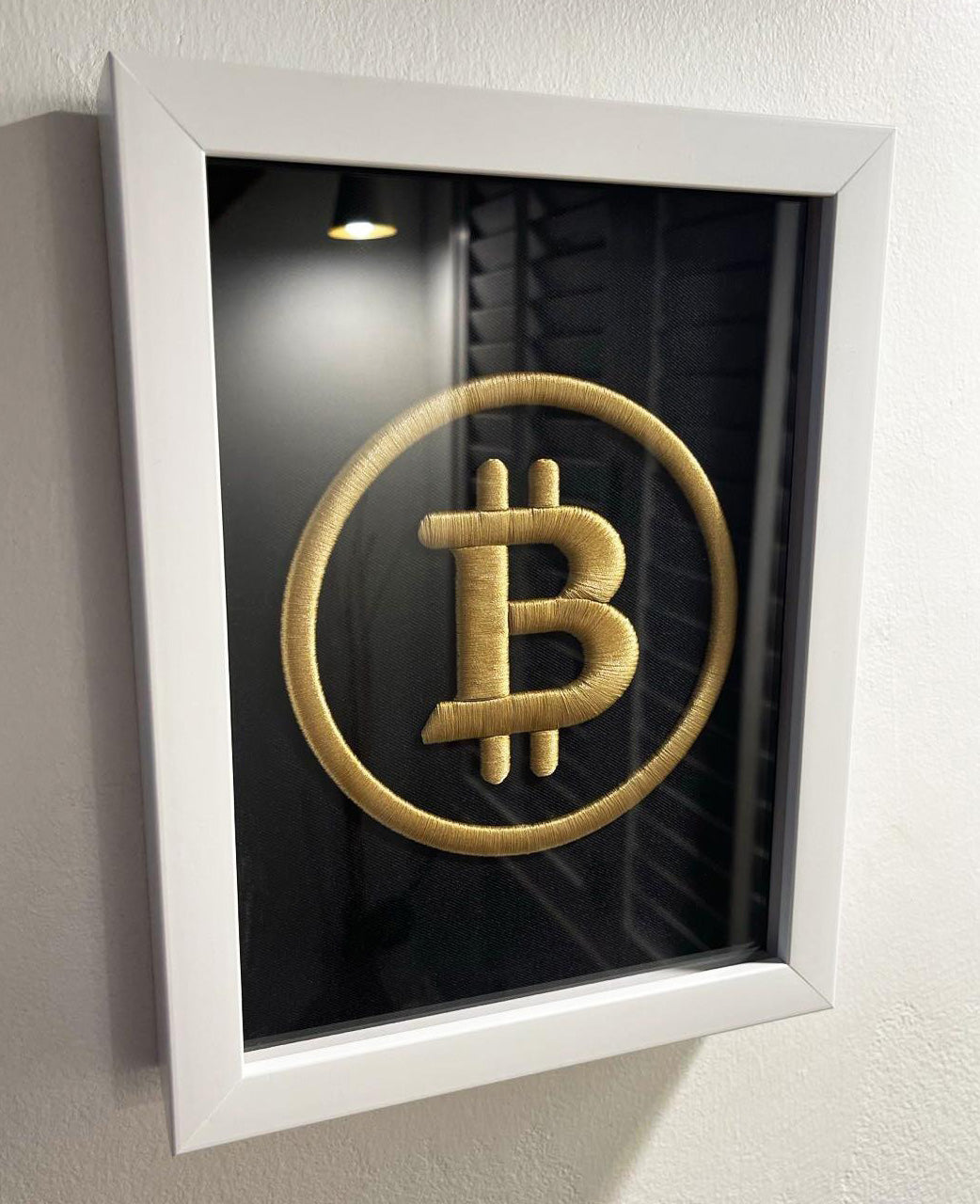 Golden BTC Logo 3D Embroidered Artwork in Matte White Thick Frame