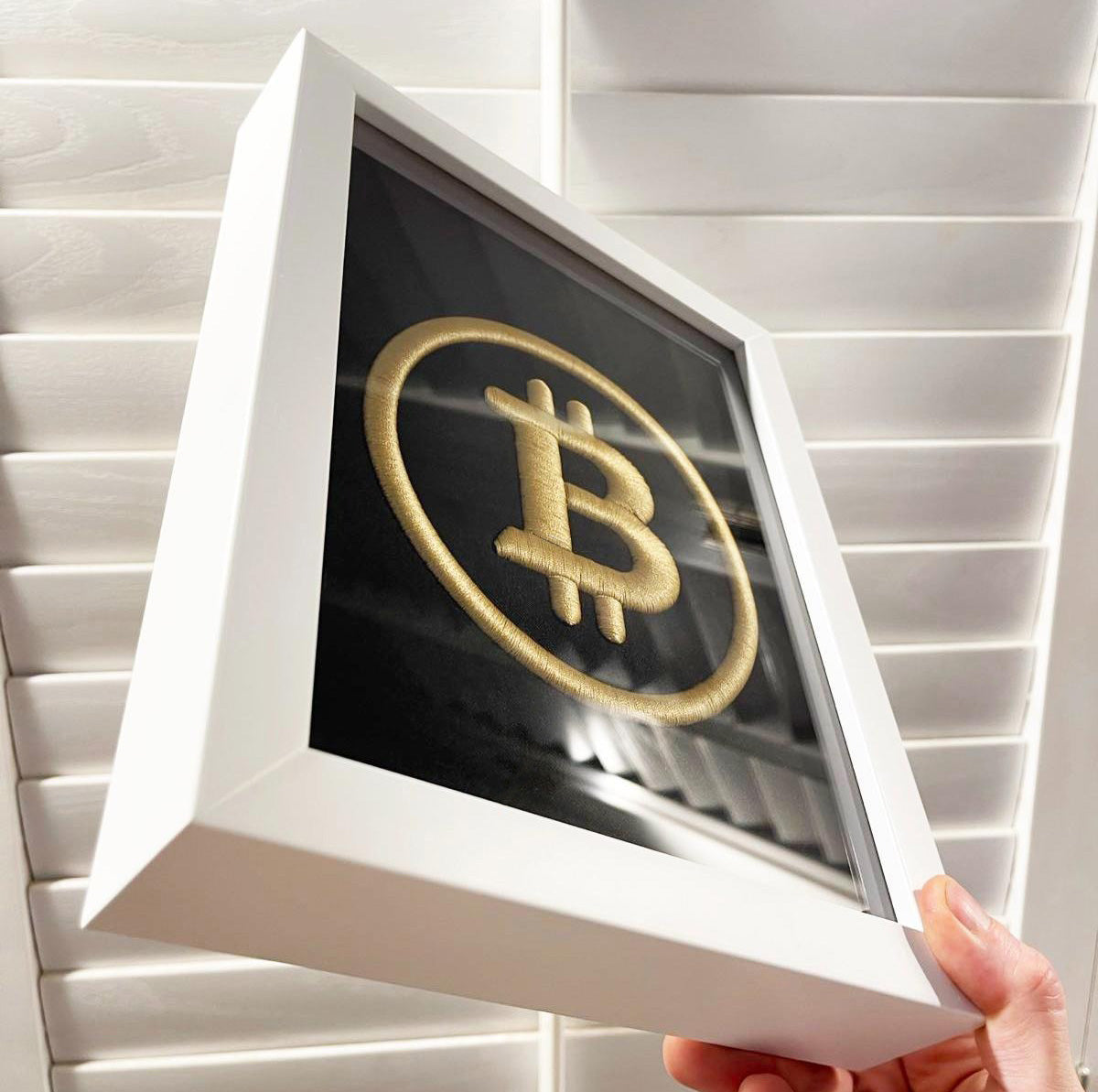 Golden BTC Logo 3D Embroidered Artwork in Matte White Thick Frame