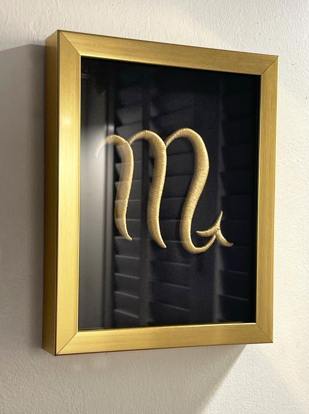 12 Golden Zodiac Signs 3D Embroidery Artwork in Gold Thick Frame