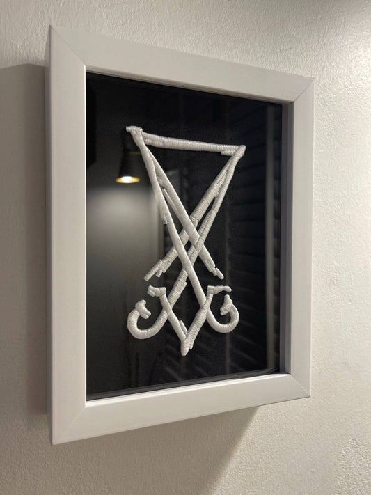 White Lucifer Sigil 3D Embroidered Artwork in Matte White Thick Frame